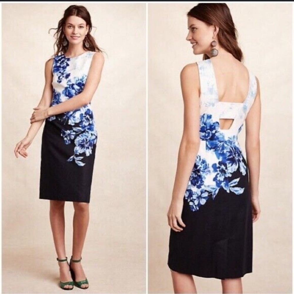 Anthropologie Maeve vanda floral midi sheath dress blue white 4177